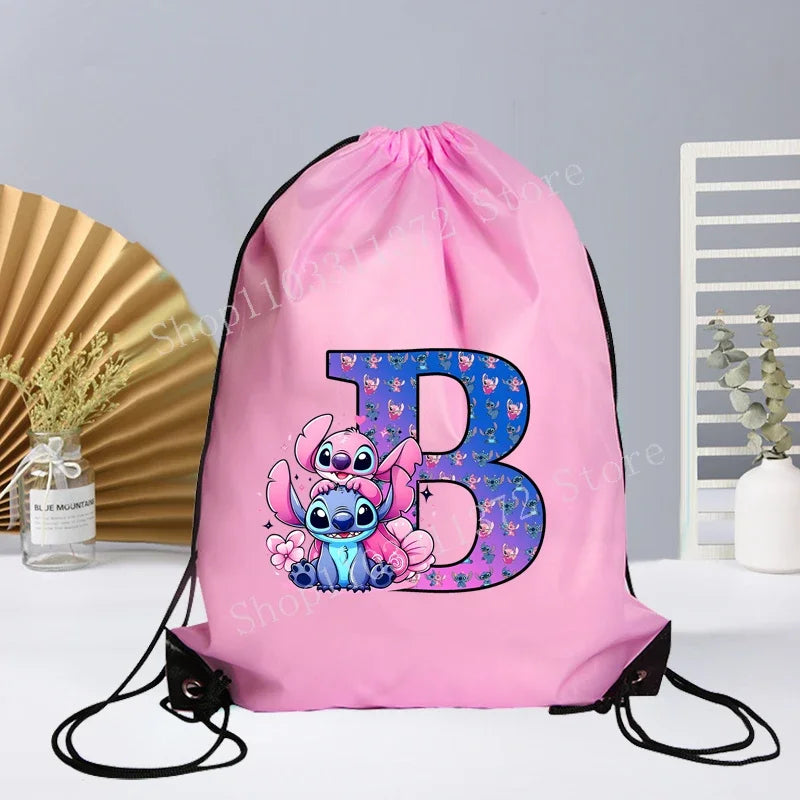 Disney Stitch Drawstring Bag Letter A-Z Printed Girl Kids Adult Gym PE Kit Sack Dance Portable Waterproof Light Travel Pouch Bag