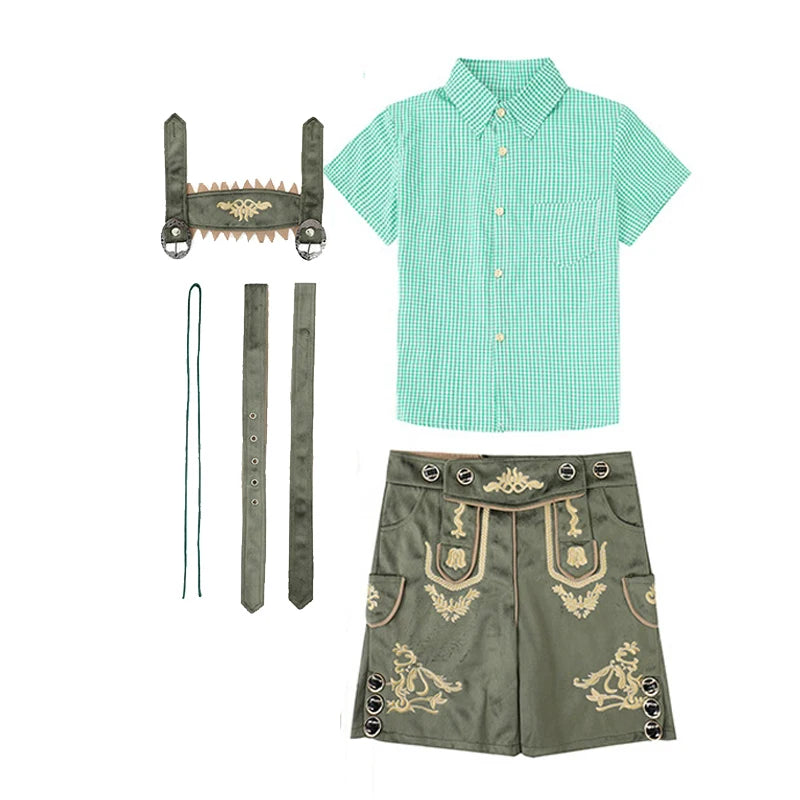NEU Bayerisches Nationales Oktoberfest-Kostüm für Jungen, Flanell-Lederhosen, kariertes Hemd, Cosplay, Karneval, Halloween, ausgefallenes Partykleid