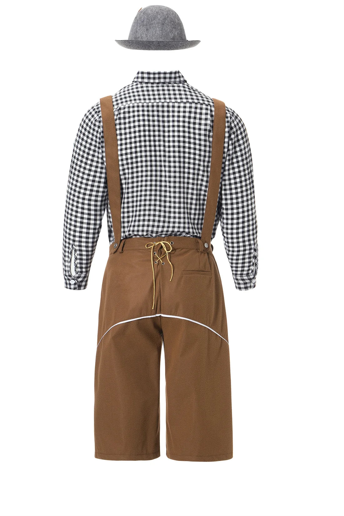 M-XXL Herren Oktoberfest Lederhosen Kostüm Langarm Hosenträger Strampler Hemd Hut Deutsches Bayerisches Bierfest Cosplay Outfit