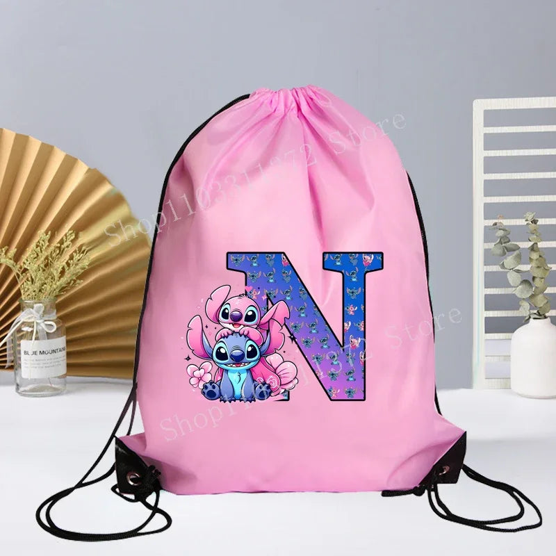 Disney Stitch Drawstring Bag Letter A-Z Printed Girl Kids Adult Gym PE Kit Sack Dance Portable Waterproof Light Travel Pouch Bag