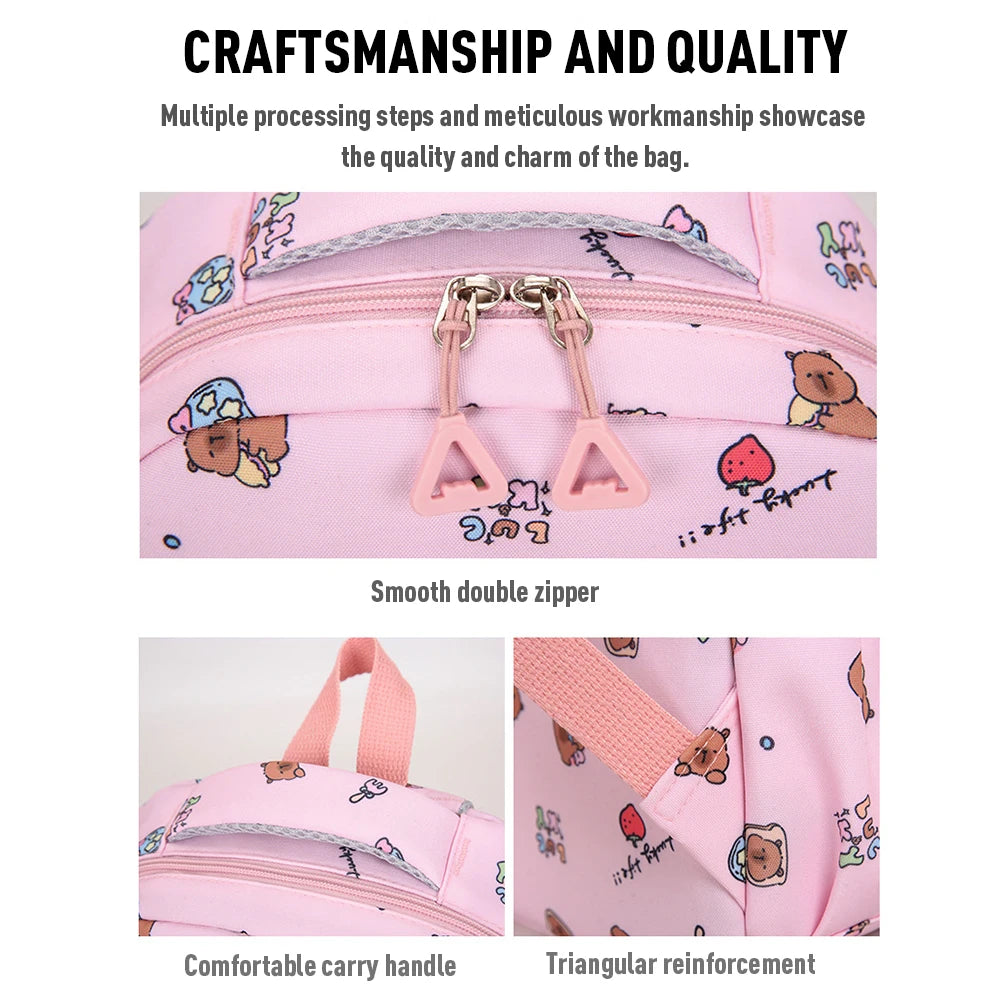 3in1 School Backpack Set Nylon Cute Bookbag Going Out Cartoon Laptop Travel Bag Breathable Back Large Capacity Cute Capybara Bag
