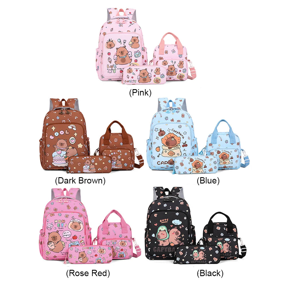 3in1 School Backpack Set Nylon Cute Bookbag Going Out Cartoon Laptop Travel Bag Breathable Back Large Capacity Cute Capybara Bag