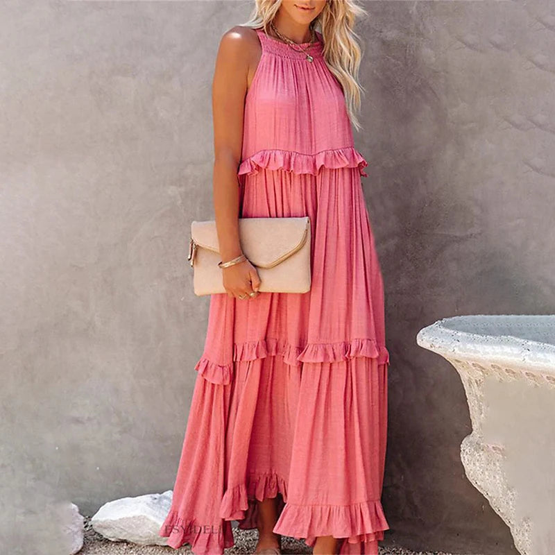 Frauen Casual Solide Rüschen Lange Kleid Sommer Elegante Ärmelloses Sommerkleid Elegante Harajuku Maxi Kleid Strand Party Abend Vestido