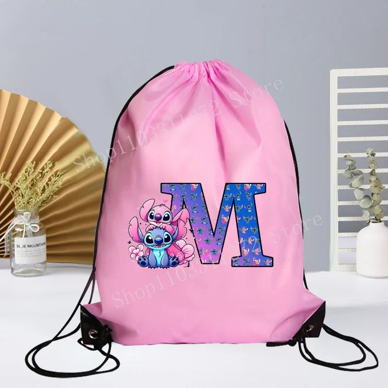 Disney Stitch Drawstring Bag Letter A-Z Printed Girl Kids Adult Gym PE Kit Sack Dance Portable Waterproof Light Travel Pouch Bag