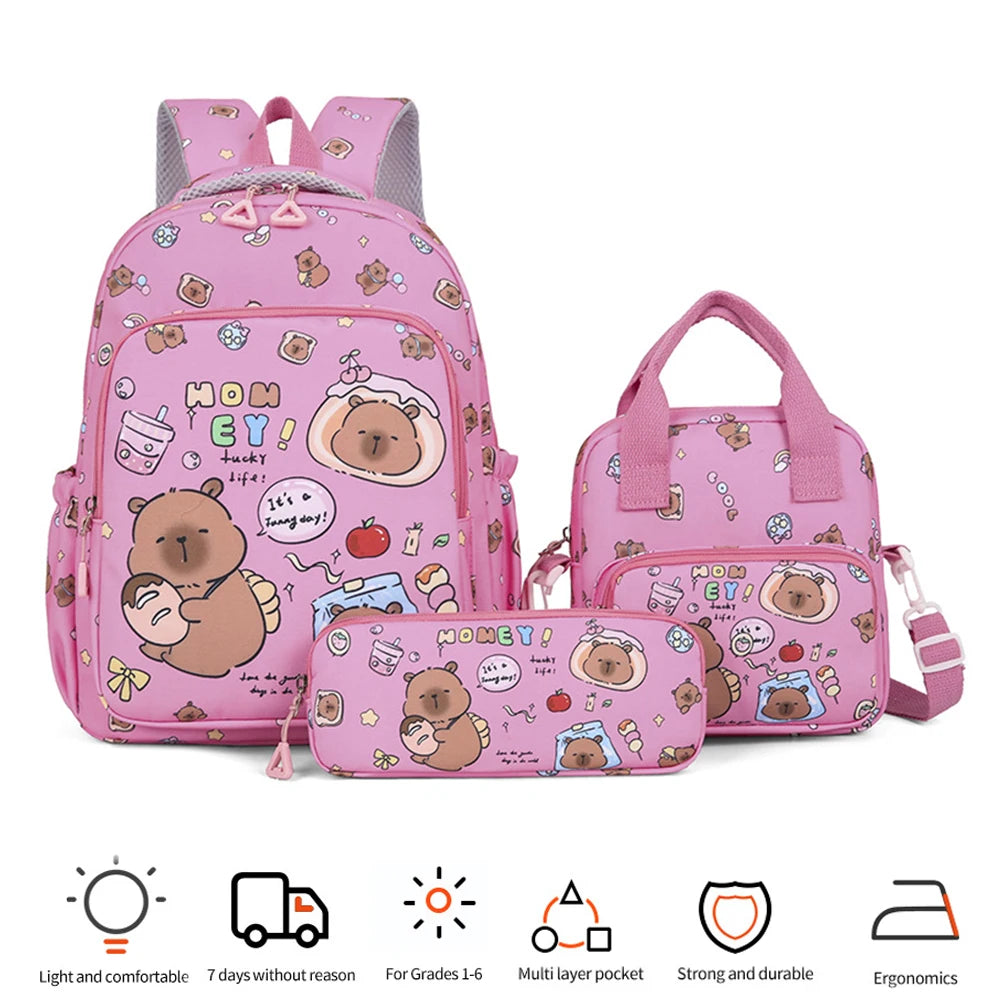 3in1 School Backpack Set Nylon Cute Bookbag Going Out Cartoon Laptop Travel Bag Breathable Back Large Capacity Cute Capybara Bag