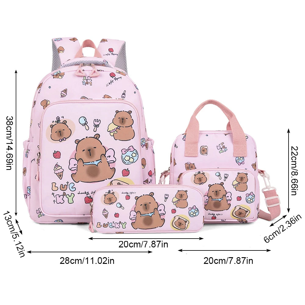 3in1 School Backpack Set Nylon Cute Bookbag Going Out Cartoon Laptop Travel Bag Breathable Back Large Capacity Cute Capybara Bag