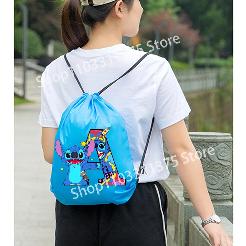 Stitch Disney Waterproof Drawstring Bag Letter A-Z Cartoon Shoes Underwear Travel Sport Bags Nylon Clothes Packing Backpack Gift