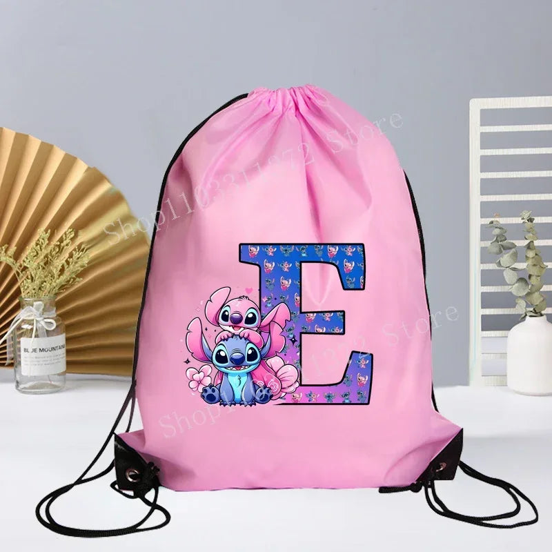 Disney Stitch Drawstring Bag Letter A-Z Printed Girl Kids Adult Gym PE Kit Sack Dance Portable Waterproof Light Travel Pouch Bag