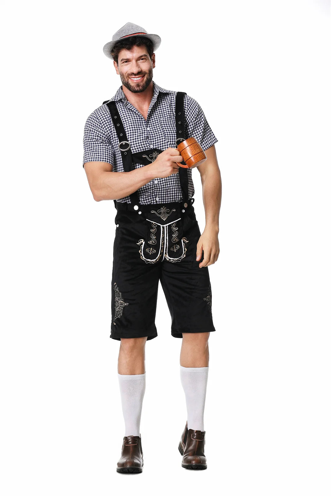 M-XXL Deutsches Oktoberfest Lederhosen Kostüm Kurzarm Kariertes Hemd Hosenträger Hut Set Bierfest Männlich Cosplay Halloween