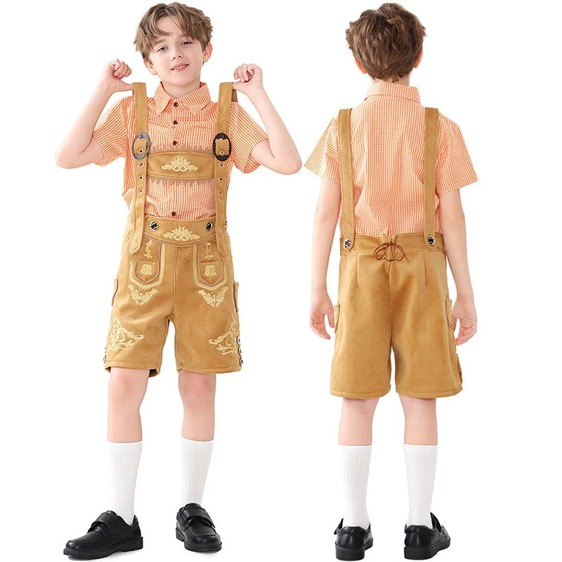 NEU Bayerisches Nationales Oktoberfest-Kostüm für Jungen, Flanell-Lederhosen, kariertes Hemd, Cosplay, Karneval, Halloween, ausgefallenes Partykleid
