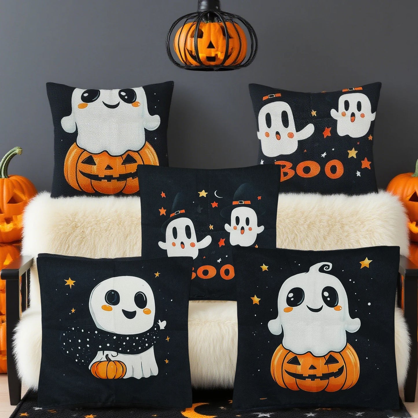 45x45cm Halloween Geist Kürbis Kissenbezug Bedruckter Leinenmischung Dekokissenbezug Dekoratives Sofakissen Pillowslip Home Decor