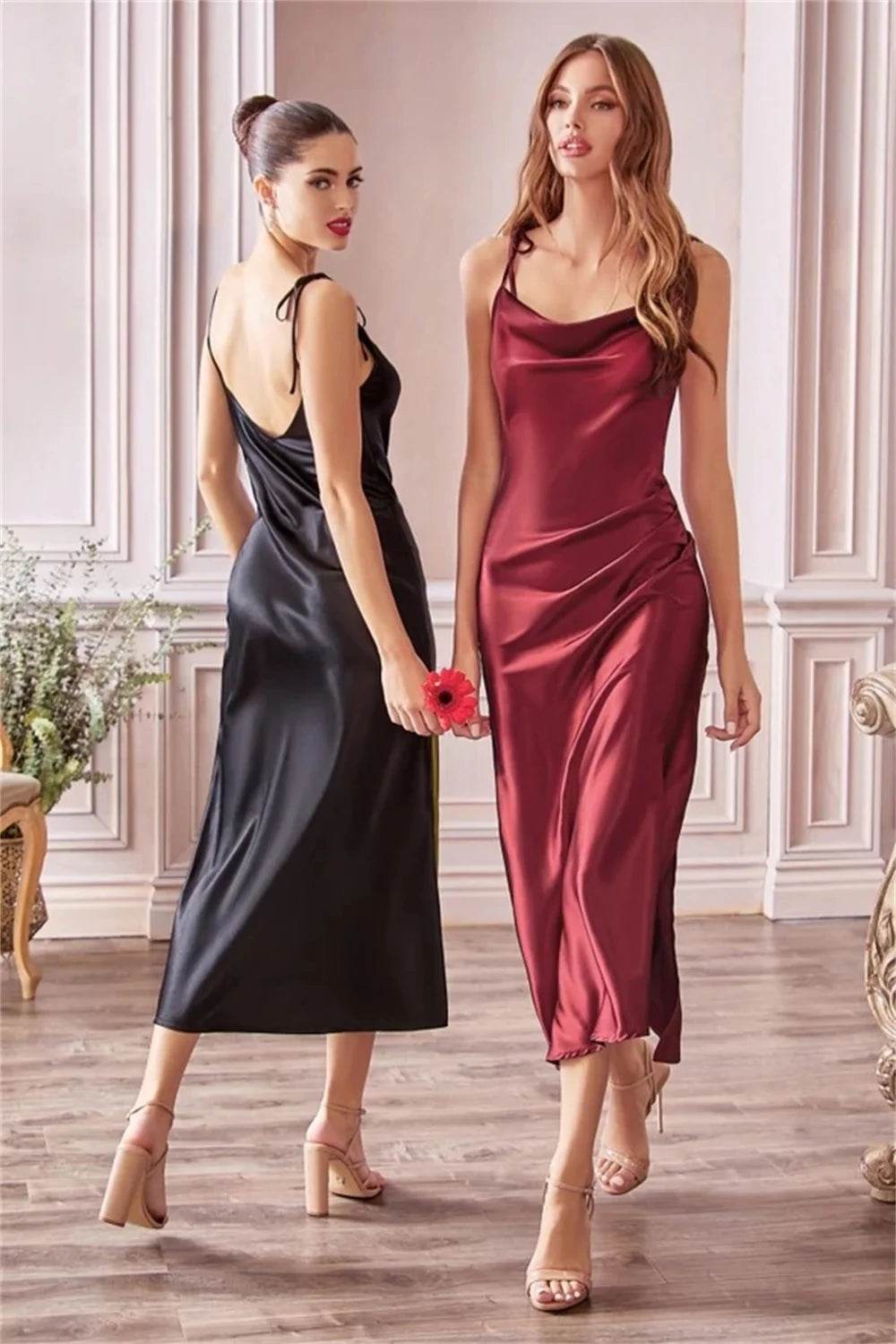 Cowl Neck Satin Bandage Midi Summer Dresses for Women Sexy High Slit Tie Straps Evening Dress for Bridesmaid - TRENSET
