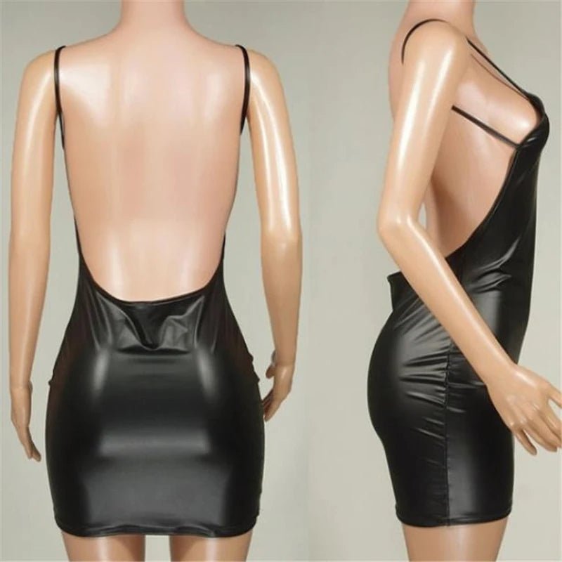 Sexy Faux Leather Dress Backless Club Party Short Dress Solid Black Wet Look Latex Bodycon Push Up Bra Mini Micro Dress - TRENSET