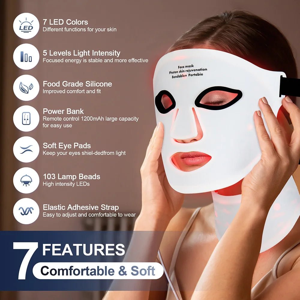 Silicone LED Mask Face With Neck 7 Colors LED Photon Red Light Infrared Therapy Flexible Facial Mask Repair Skin Wireless Use - TRENSET
