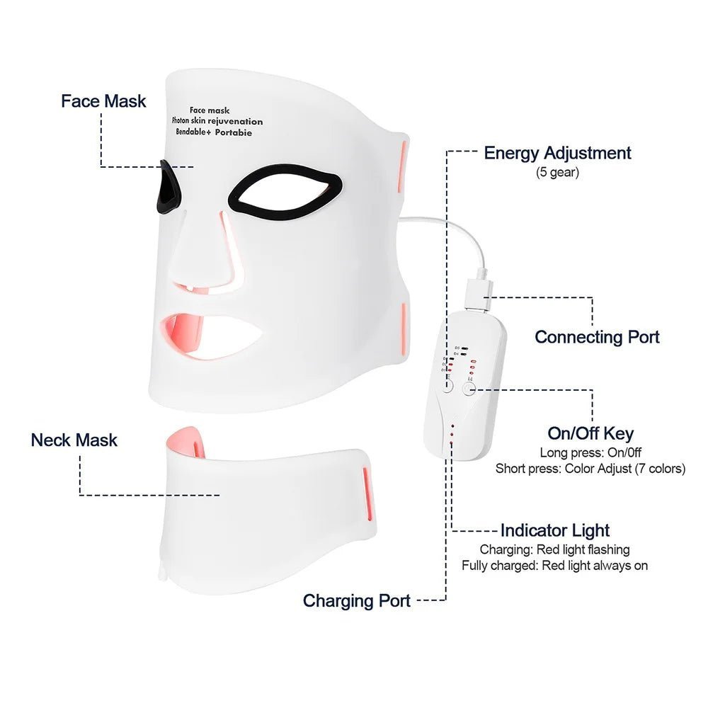 Silicone LED Mask Face With Neck 7 Colors LED Photon Red Light Infrared Therapy Flexible Facial Mask Repair Skin Wireless Use - TRENSET