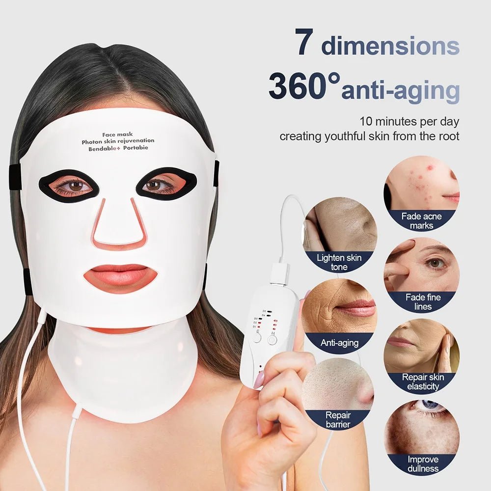 Silicone LED Mask Face With Neck 7 Colors LED Photon Red Light Infrared Therapy Flexible Facial Mask Repair Skin Wireless Use - TRENSET