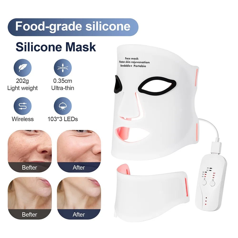 Silicone LED Mask Face With Neck 7 Colors LED Photon Red Light Infrared Therapy Flexible Facial Mask Repair Skin Wireless Use - TRENSET