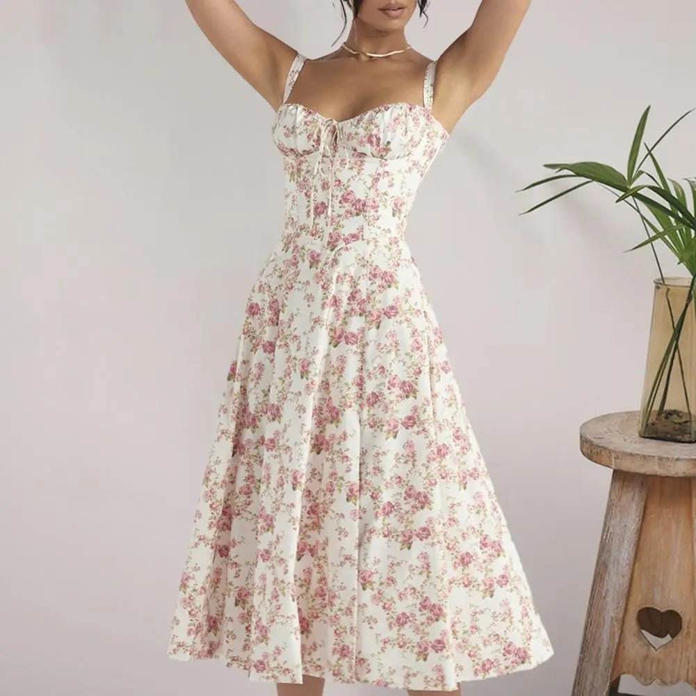 Women Elegant Suspenders Lace-Up Dress Slim Sleeveless Bandeau Floral Print Dress Corset Design Side Split Hem Midi Dress - TRENSET
