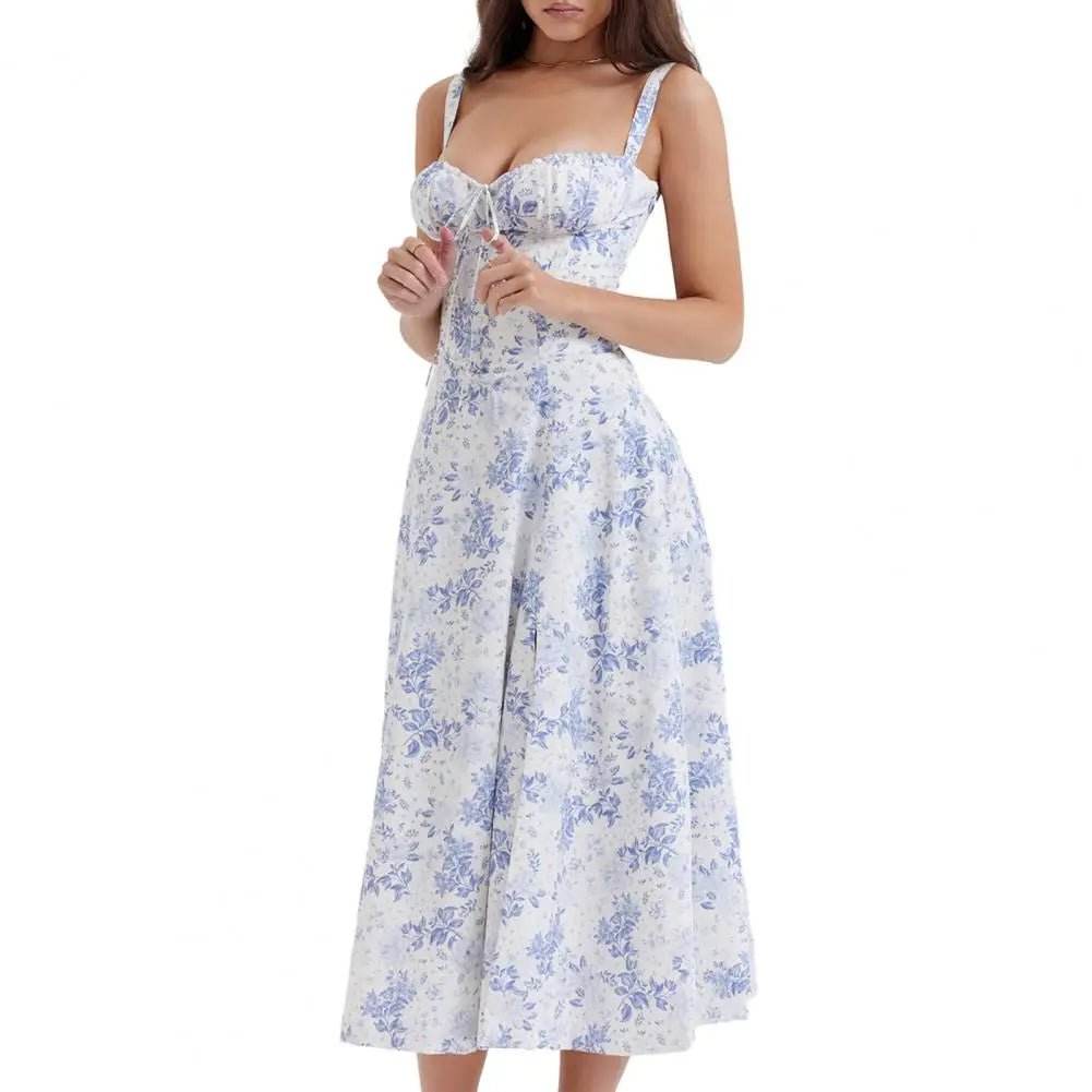 Women Elegant Suspenders Lace-Up Dress Slim Sleeveless Bandeau Floral Print Dress Corset Design Side Split Hem Midi Dress - TRENSET