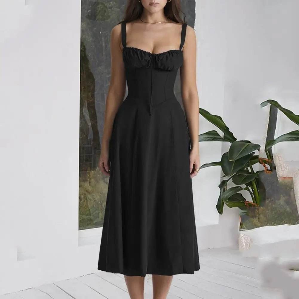 Women Elegant Suspenders Lace-Up Dress Slim Sleeveless Bandeau Floral Print Dress Corset Design Side Split Hem Midi Dress - TRENSET