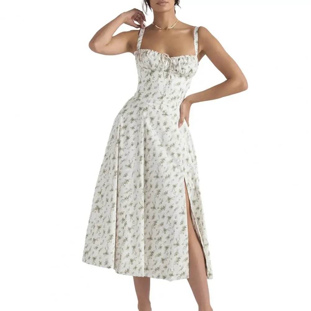 Women Elegant Suspenders Lace-Up Dress Slim Sleeveless Bandeau Floral Print Dress Corset Design Side Split Hem Midi Dress - TRENSET