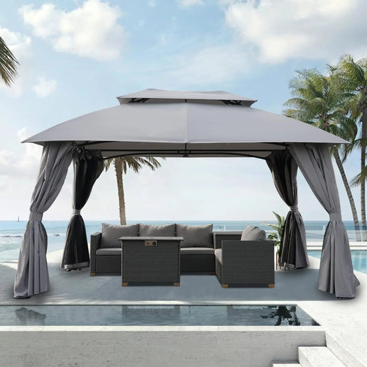10x13 FT Gazebo Double Soft Top Canopy Anti - UV Shelter with Privacy Curtains and Netting Perfect Gift for Garden Lovers - TRENSET