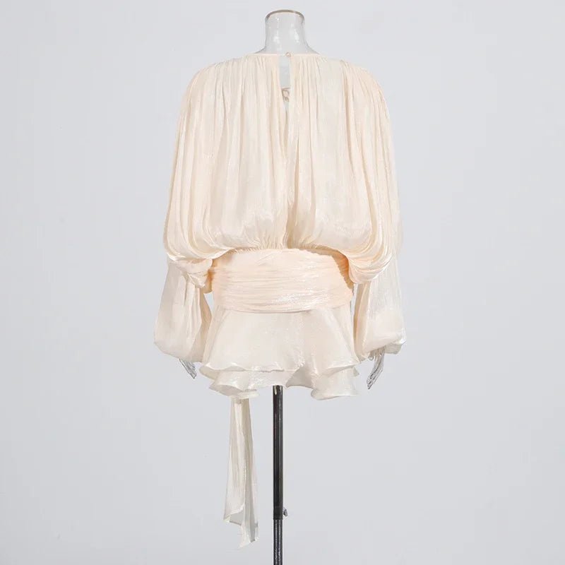 2025 Elegant Shiny Lace Up Women's Backless Ruffles Dress Chic Solid Lantern Sleeve A - line Mini Dresses New Lady Street Vestidos Fashion nova - TRENSET