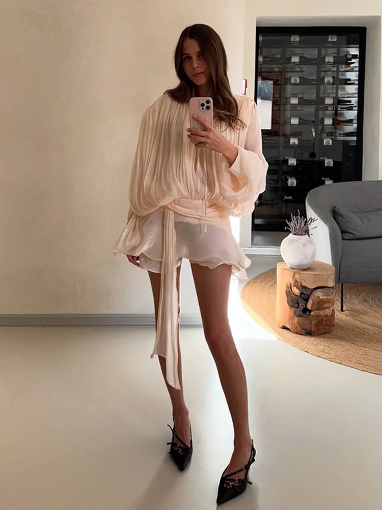 2025 Elegant Shiny Lace Up Women's Backless Ruffles Dress Chic Solid Lantern Sleeve A - line Mini Dresses New Lady Street Vestidos Fashion nova - TRENSET