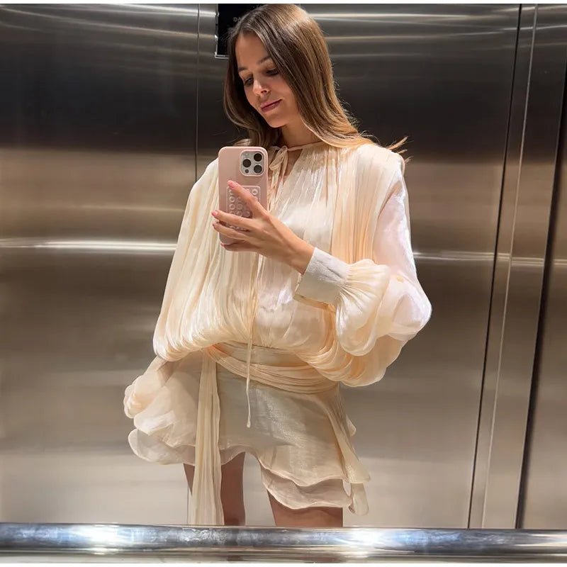 2025 Elegant Shiny Lace Up Women's Backless Ruffles Dress Chic Solid Lantern Sleeve A - line Mini Dresses New Lady Street Vestidos Fashion nova - TRENSET