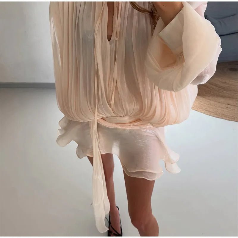 2025 Elegant Shiny Lace Up Women's Backless Ruffles Dress Chic Solid Lantern Sleeve A - line Mini Dresses New Lady Street Vestidos Fashion nova - TRENSET
