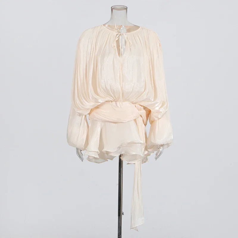 2025 Elegant Shiny Lace Up Women's Backless Ruffles Dress Chic Solid Lantern Sleeve A - line Mini Dresses New Lady Street Vestidos Fashion nova - TRENSET