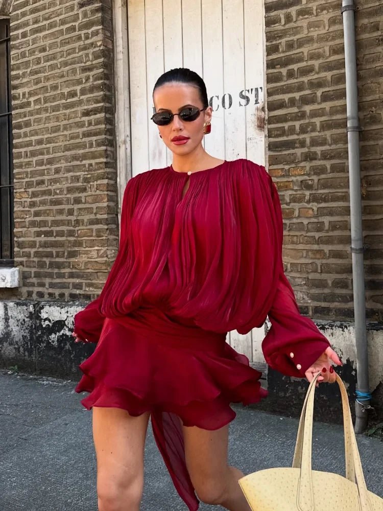 2025 Elegant Shiny Lace Up Women's Backless Ruffles Dress Chic Solid Lantern Sleeve A - line Mini Dresses New Lady Street Vestidos Fashion nova - TRENSET