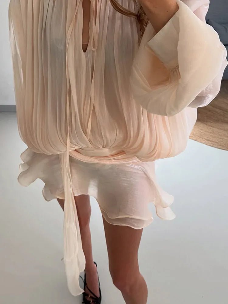 2025 Elegant Shiny Lace Up Women's Backless Ruffles Dress Chic Solid Lantern Sleeve A - line Mini Dresses New Lady Street Vestidos Fashion nova - TRENSET