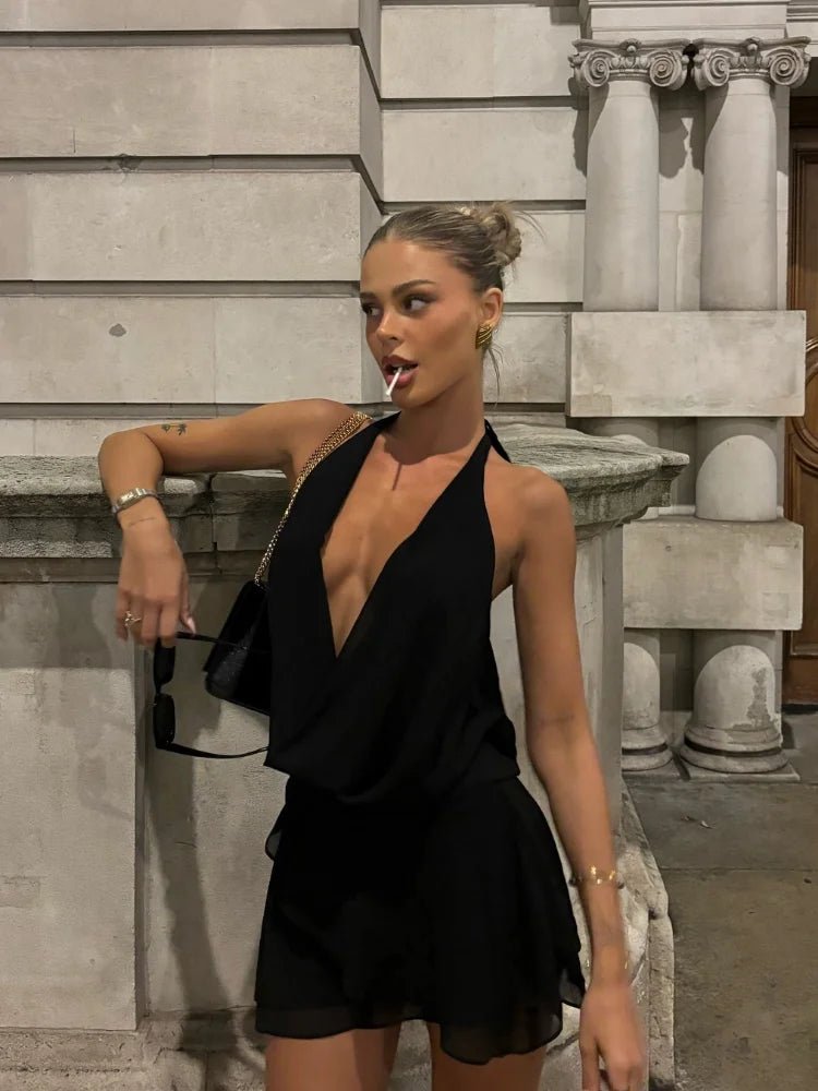 2025 Elegant Shiny Lace Up Women's Backless Ruffles Dress Chic Solid Lantern Sleeve A - line Mini Dresses New Lady Street Vestidos Fashion nova - TRENSET