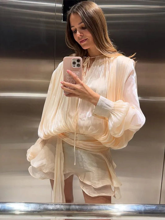 2025 Elegant Shiny Lace Up Women's Backless Ruffles Dress Chic Solid Lantern Sleeve A - line Mini Dresses New Lady Street Vestidos Fashion nova - TRENSET