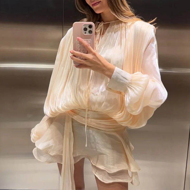 2025 Elegant Shiny Lace Up Women's Backless Ruffles Dress Chic Solid Lantern Sleeve A - line Mini Dresses New Lady Street Vestidos Fashion nova - TRENSET