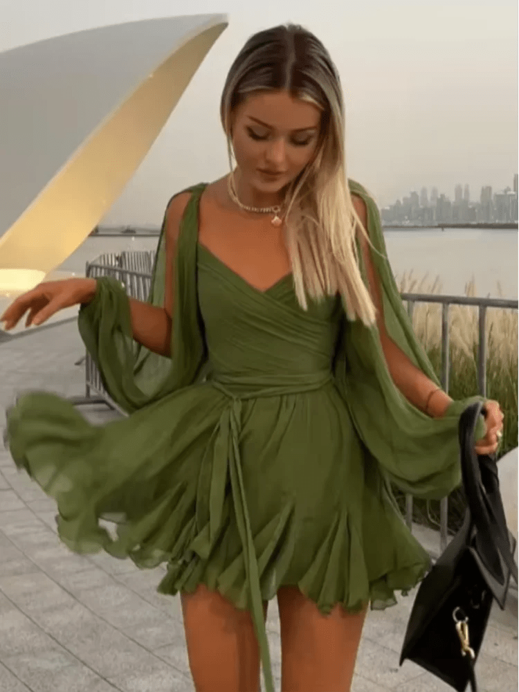 2025 Elegant Shiny Lace Up Women's Backless Ruffles Dress Chic Solid Lantern Sleeve A - line Mini Dresses New Lady Street Vestidos Fashion nova - TRENSET