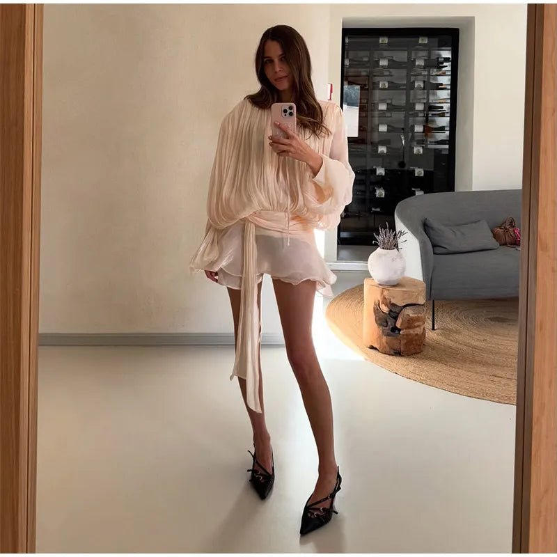 2025 Elegant Shiny Lace Up Women's Backless Ruffles Dress Chic Solid Lantern Sleeve A - line Mini Dresses New Lady Street Vestidos Fashion nova - TRENSET