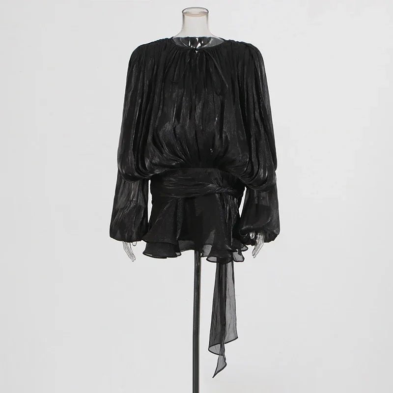 2025 Elegant Shiny Lace Up Women's Backless Ruffles Dress Chic Solid Lantern Sleeve A - line Mini Dresses New Lady Street Vestidos Fashion nova - TRENSET