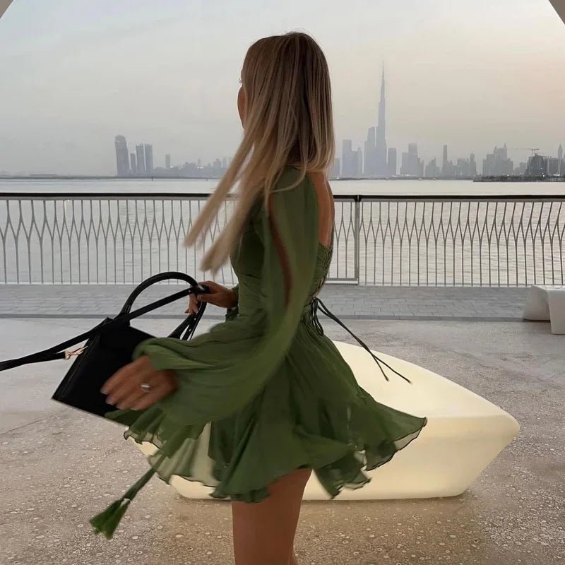 2025 Elegant Shiny Lace Up Women's Backless Ruffles Dress Chic Solid Lantern Sleeve A - line Mini Dresses New Lady Street Vestidos Fashion nova - TRENSET