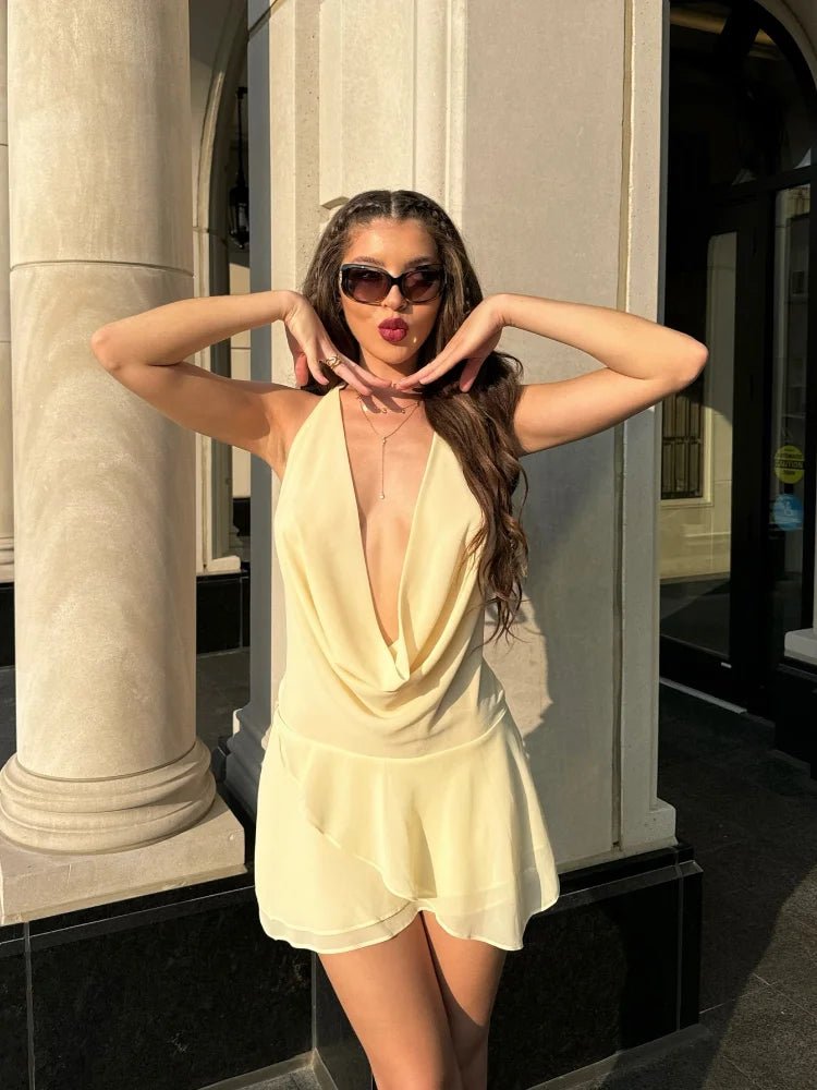 2025 Elegant Shiny Lace Up Women's Backless Ruffles Dress Chic Solid Lantern Sleeve A - line Mini Dresses New Lady Street Vestidos Fashion nova - TRENSET