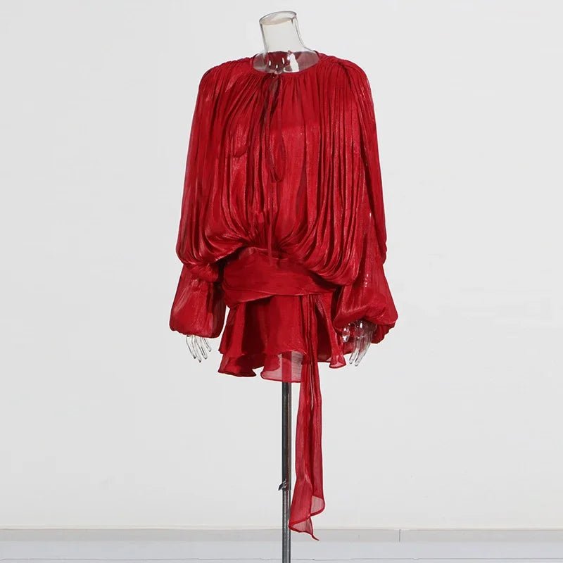 2025 Elegant Shiny Lace Up Women's Backless Ruffles Dress Chic Solid Lantern Sleeve A - line Mini Dresses New Lady Street Vestidos Fashion nova - TRENSET