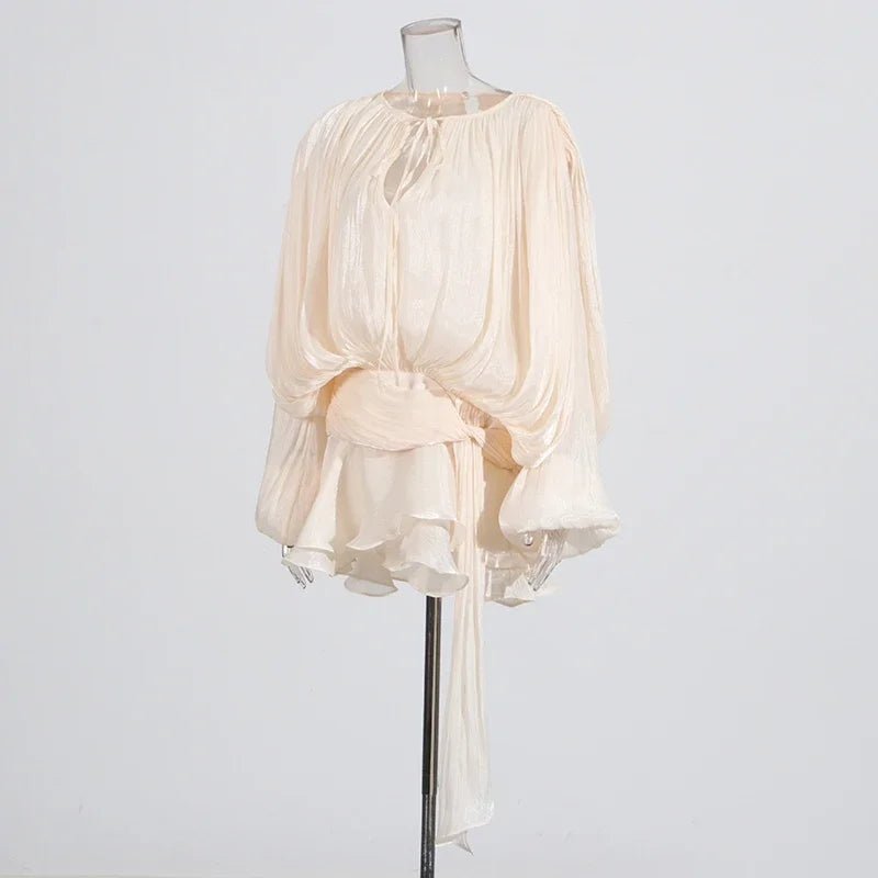 2025 Elegant Shiny Lace Up Women's Backless Ruffles Dress Chic Solid Lantern Sleeve A - line Mini Dresses New Lady Street Vestidos Fashion nova - TRENSET