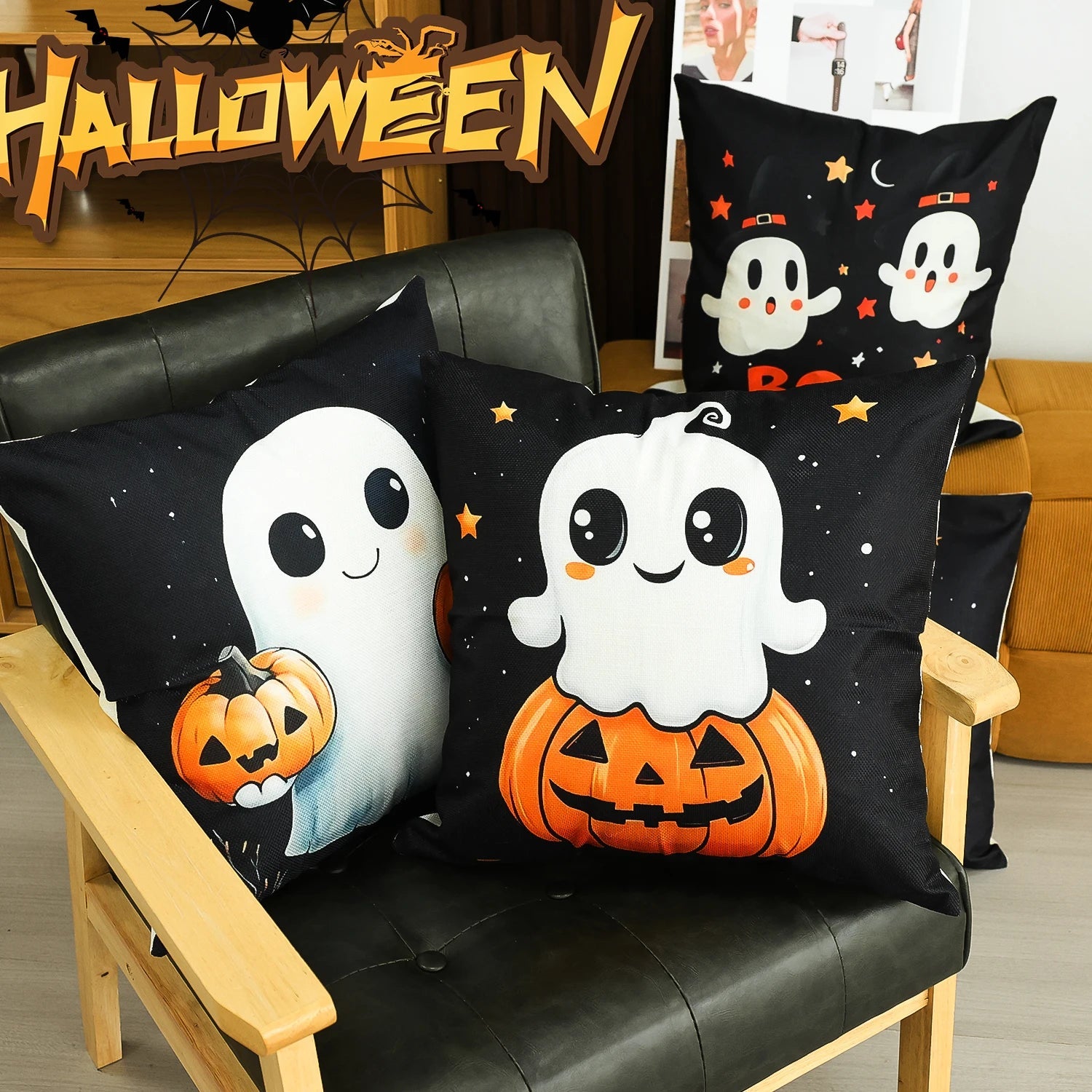 45x45cm Halloween Ghost Pumpkin Pillowcase Printed Linen Blend Throw Pillowcover Decorative Sofa Cushion Pillowslip Home Decor - TRENSET