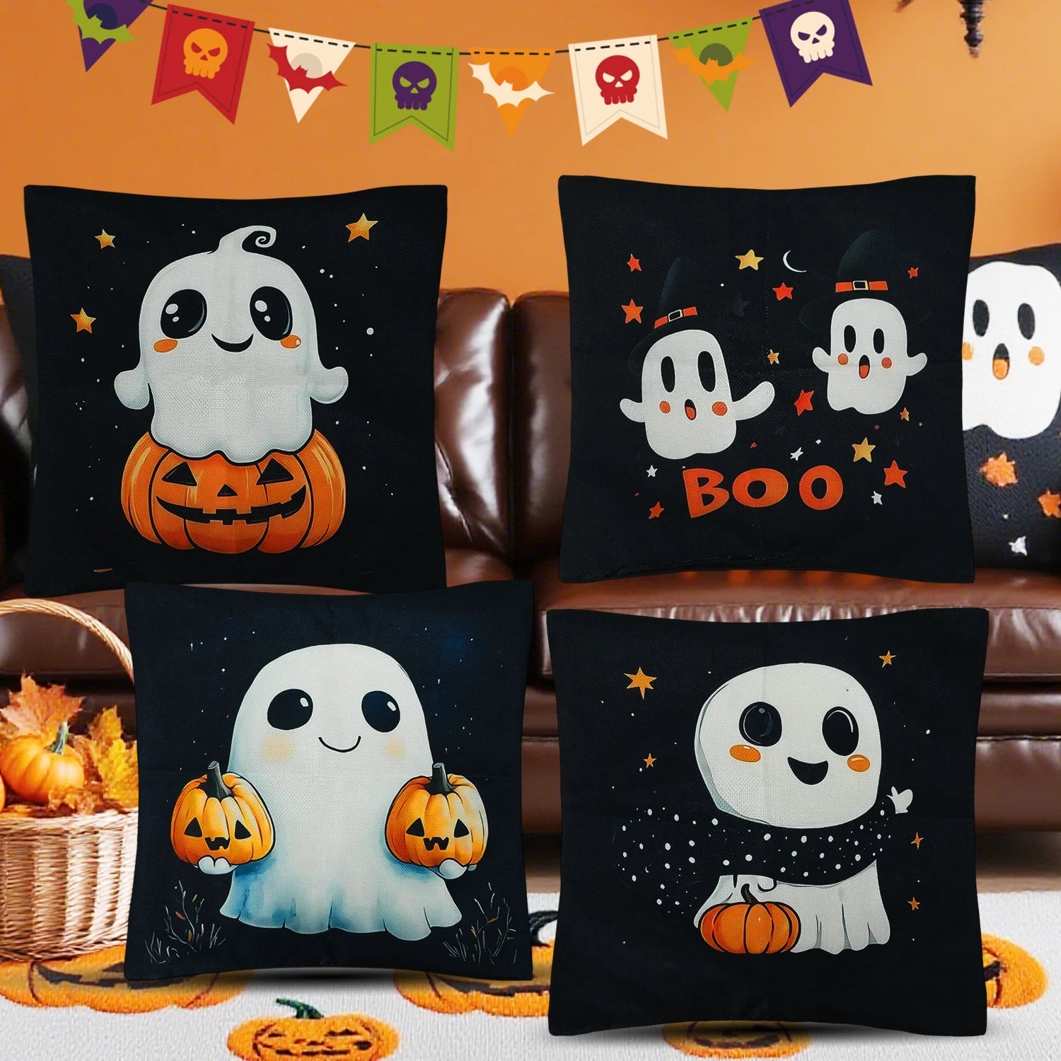 45x45cm Halloween Ghost Pumpkin Pillowcase Printed Linen Blend Throw Pillowcover Decorative Sofa Cushion Pillowslip Home Decor - TRENSET