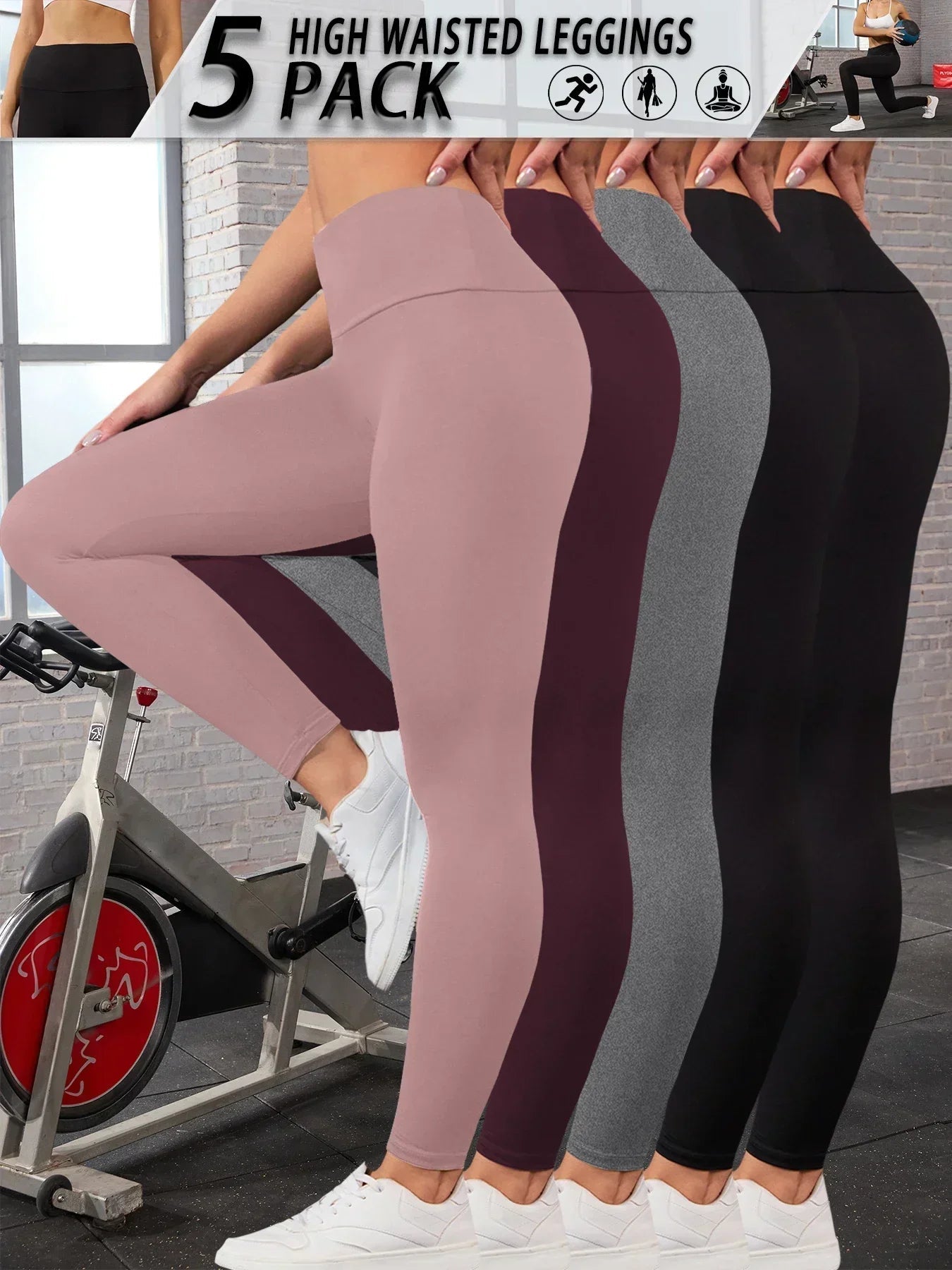 5 Pack Women's Super Soft High Waisted Tummy Control No See Through Workout Yoga Running Athletic Push Up Gym Fitness Leggings - TRENSET