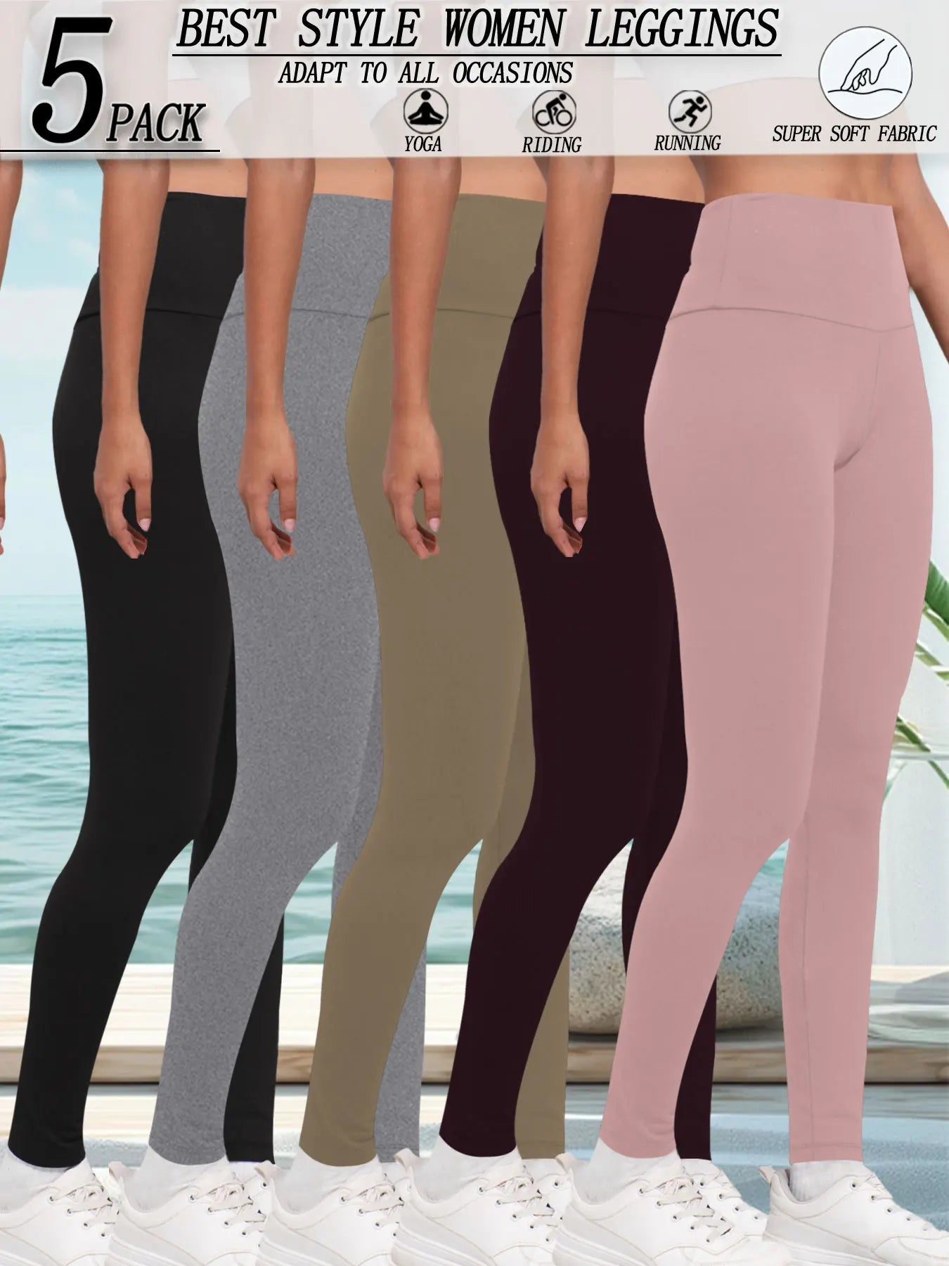 5 Pack Women's Super Soft High Waisted Tummy Control No See Through Workout Yoga Running Athletic Push Up Gym Fitness Leggings - TRENSET
