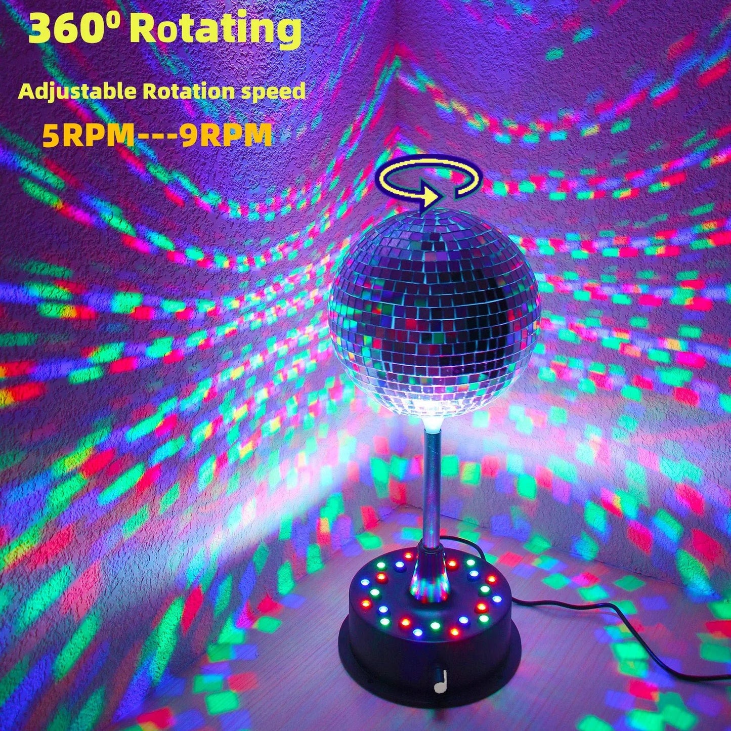 6 Inch Rotating Mirrors Disco Ball Light 5RPM - 9RPM Adjustable Rotary Motor Base 24 RGB LED Mood Lights （USB /Battery Powered) - TRENSET