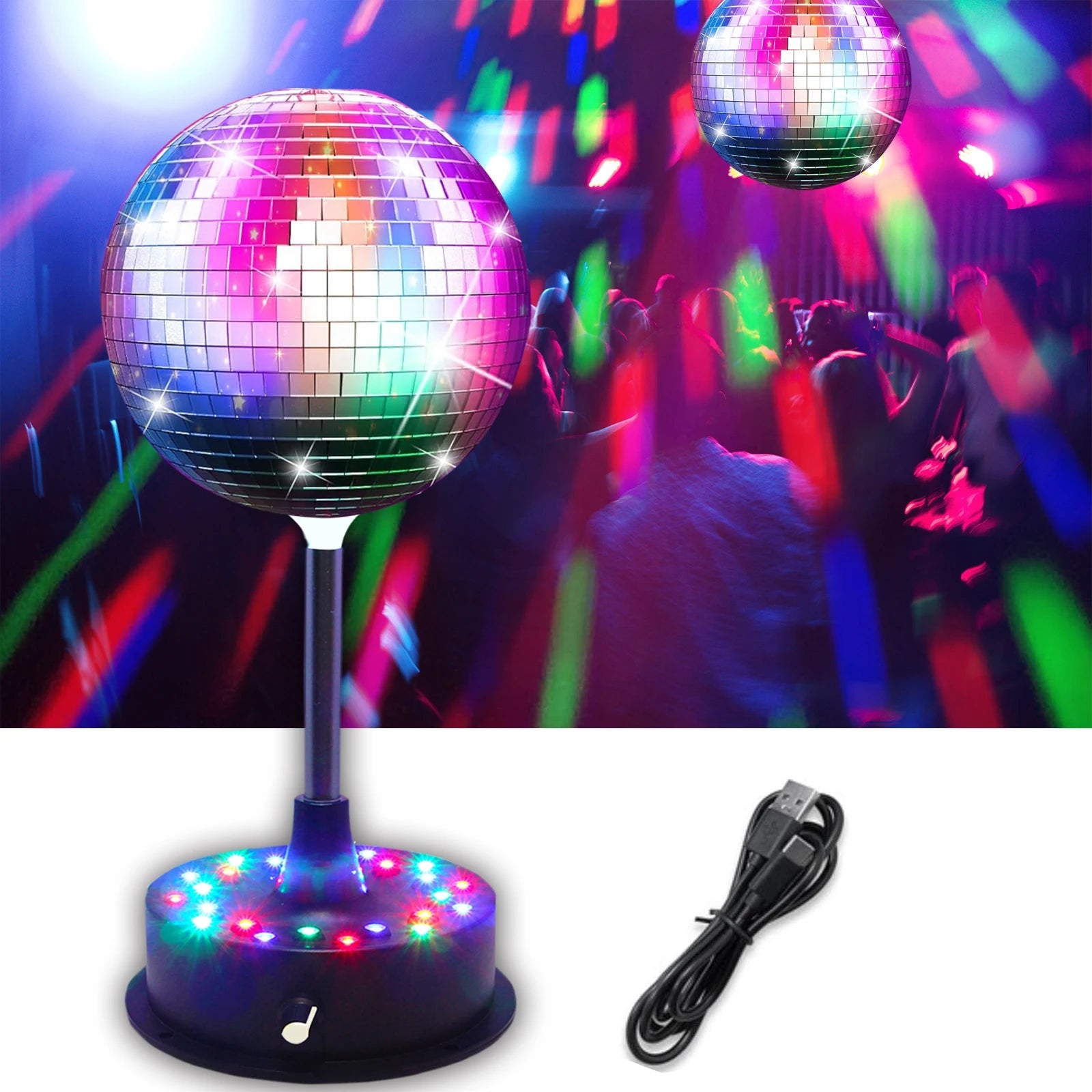 6 Inch Rotating Mirrors Disco Ball Light 5RPM - 9RPM Adjustable Rotary Motor Base 24 RGB LED Mood Lights （USB /Battery Powered) - TRENSET