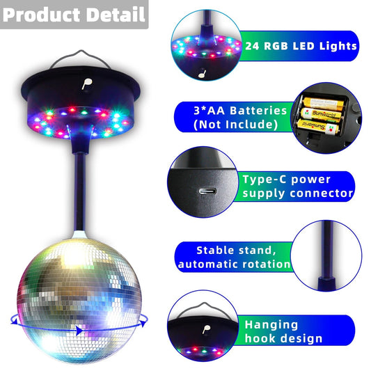 6 Inch Rotating Mirrors Disco Ball Light 5RPM - 9RPM Adjustable Rotary Motor Base 24 RGB LED Mood Lights （USB /Battery Powered) - TRENSET